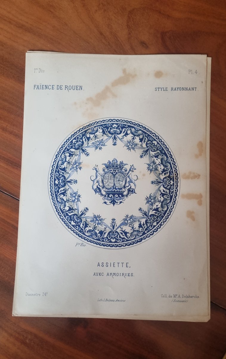 12 GRAVURES ESTAMPES SERIE FAIENCE DE ROUEN XIXe-photo-5