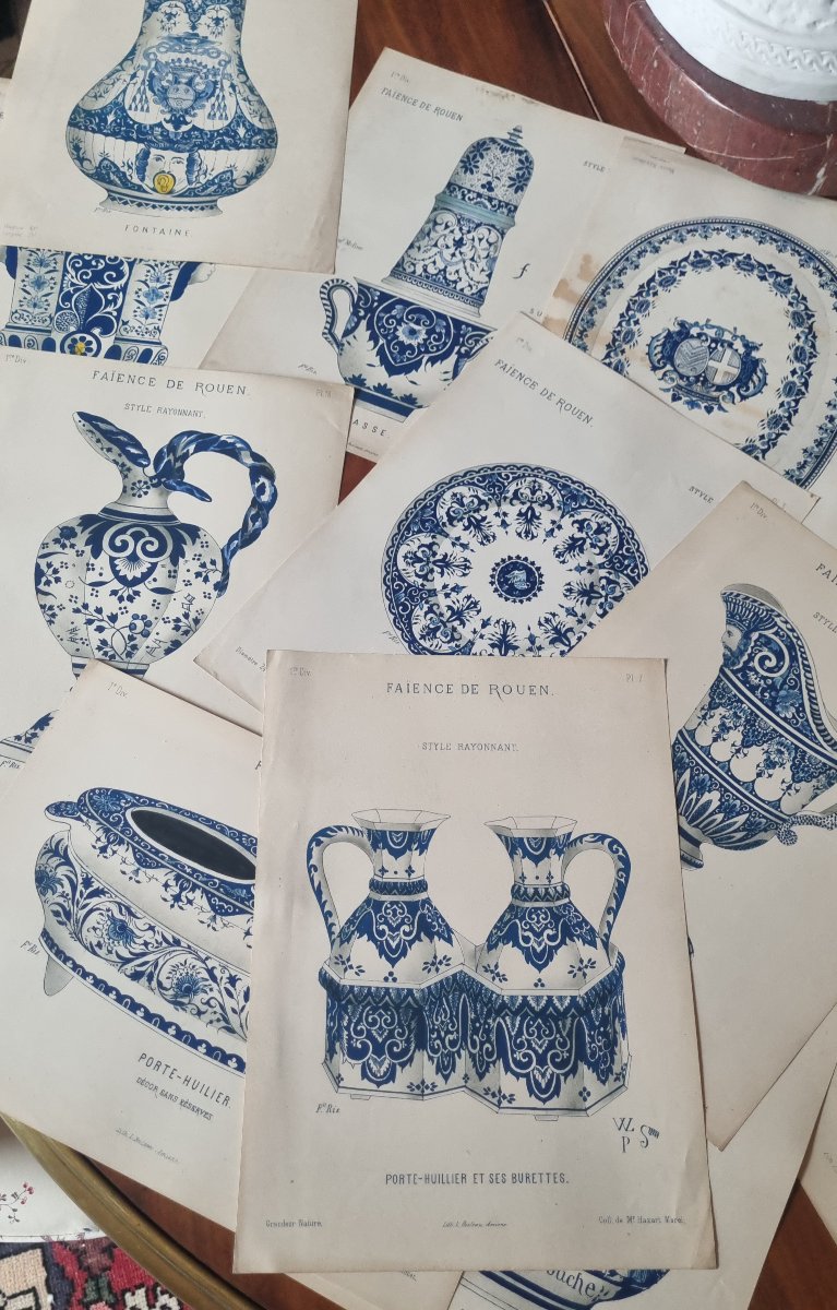 12 GRAVURES ESTAMPES SERIE FAIENCE DE ROUEN XIXe