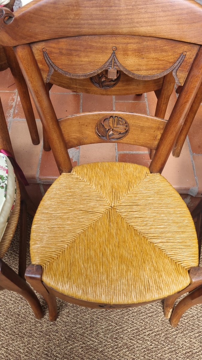 Set Of 6 Woven-seat Chairs From The Directoire Period, Late 18th Century, Provence, With Braquenie Cushions-photo-1