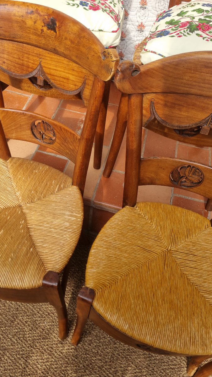 Set Of 6 Woven-seat Chairs From The Directoire Period, Late 18th Century, Provence, With Braquenie Cushions-photo-5