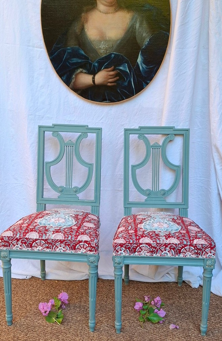 PAIRE DE CHAISES LYRE STYLE LOUIS XVI TISSU BRAQUENIÉ -photo-2