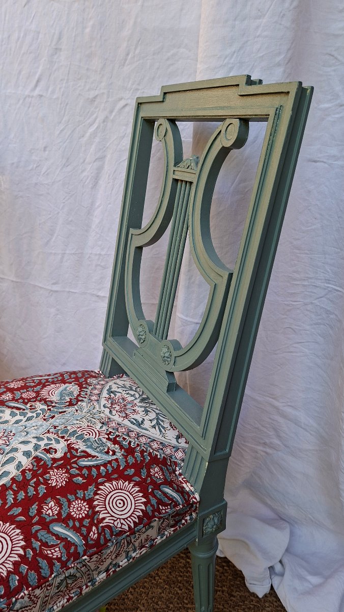 PAIRE DE CHAISES LYRE STYLE LOUIS XVI TISSU BRAQUENIÉ -photo-4