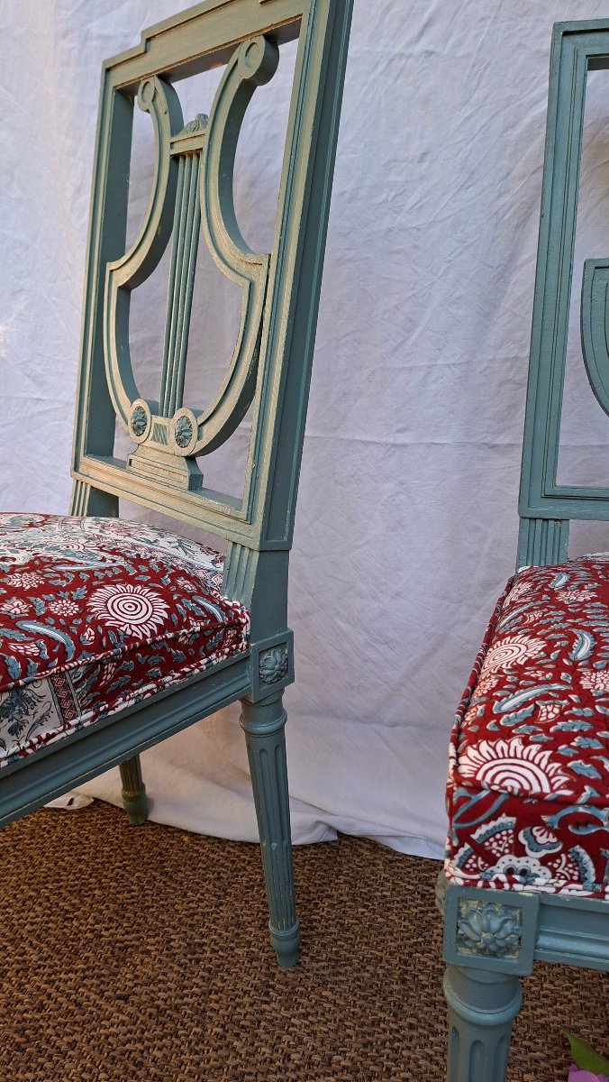 PAIRE DE CHAISES LYRE STYLE LOUIS XVI TISSU BRAQUENIÉ -photo-3