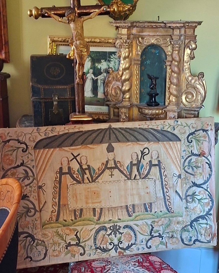 Large Embroidered Panel Depicting The Holy Shroud Of Besançon – 18th Century – Large Format (87 Cm X 52 