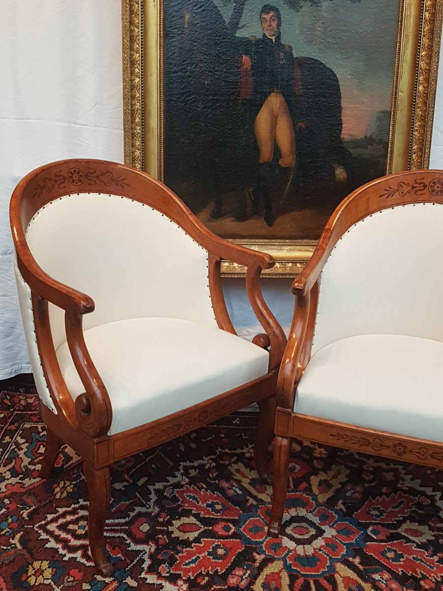 PAIRE DE FAUTEUILS GONDOLES ÉPOQUE CHARLES X ÉRABLE MOUCHETÉ BOIS CLAIR-photo-3