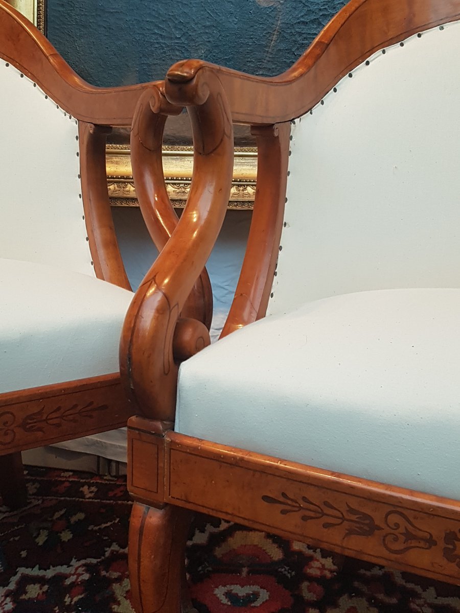 PAIRE DE FAUTEUILS GONDOLES ÉPOQUE CHARLES X ÉRABLE MOUCHETÉ BOIS CLAIR-photo-5