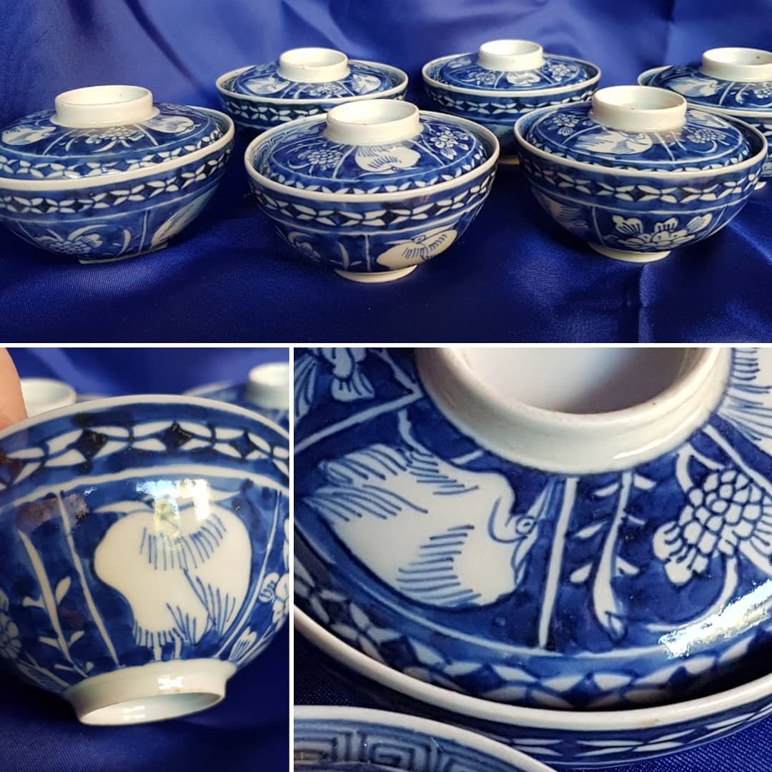 6 Pots Covered Porcelain Tea Cup Blue Hue China XIXth