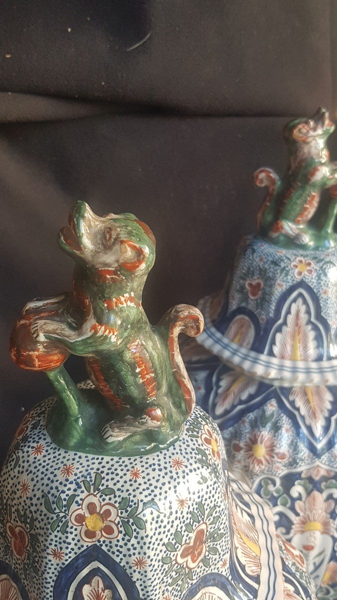 Large Pair Of Vases Covered Potiches In Delft Polychrome Early XIXth-photo-3