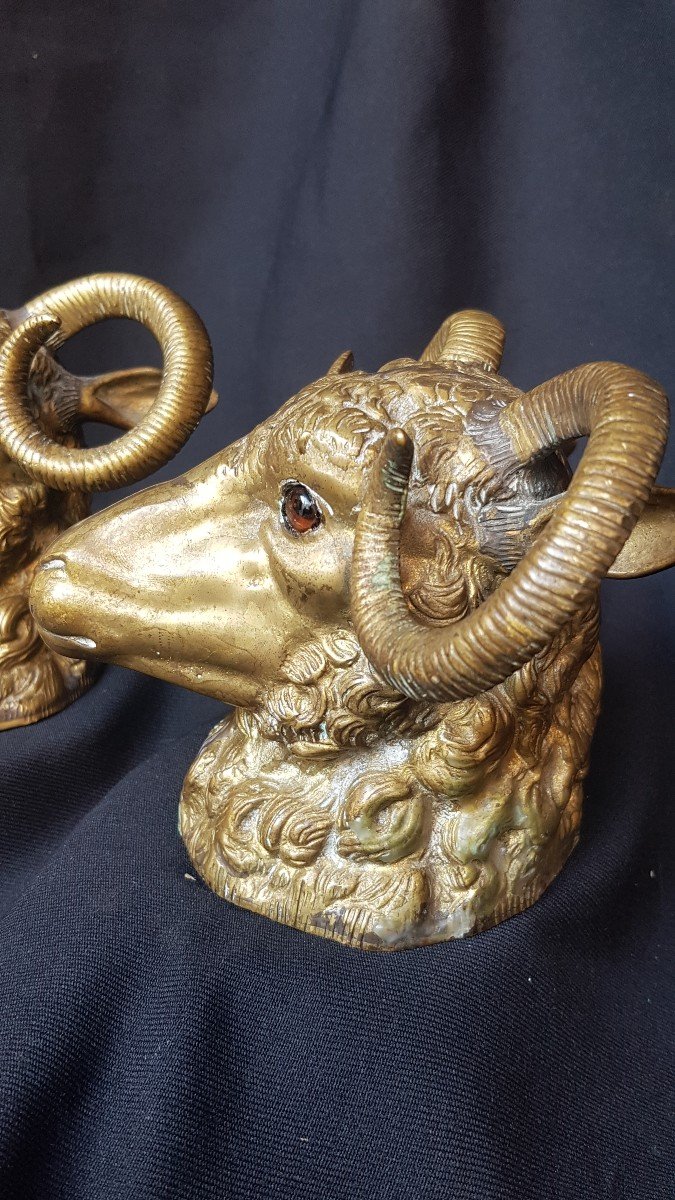 Pair Of Aries Heads In Bronze XIXth Animalier-photo-2