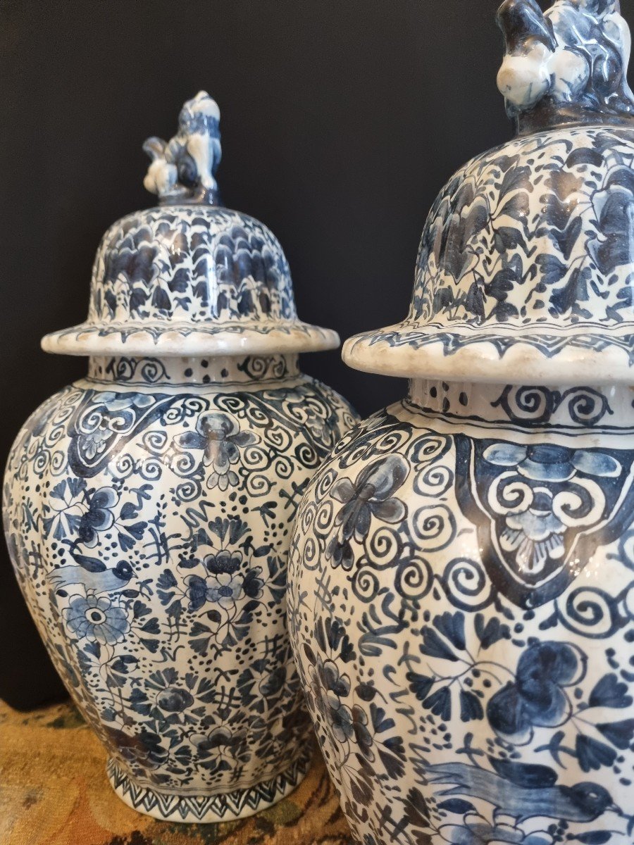 Pair Of 19th C. Delft Earthenware Pots / Covered Pots Potiche