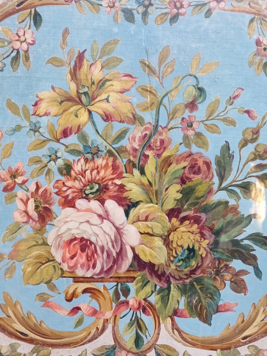 BOUQUET DE FLEURS HUILE SUR TOILE CARTON POUR TAPISSERIE PROJET ÉPOQUE NAPOLÉON  III 