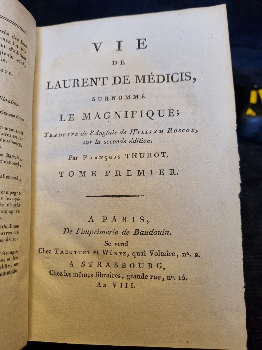 WILLIAM ROSCOE. LAURENT LE MAGNIFIQUE AN VIII MEDICIS FLORENCE XVIIIe LIVRE ANCIEN-photo-2