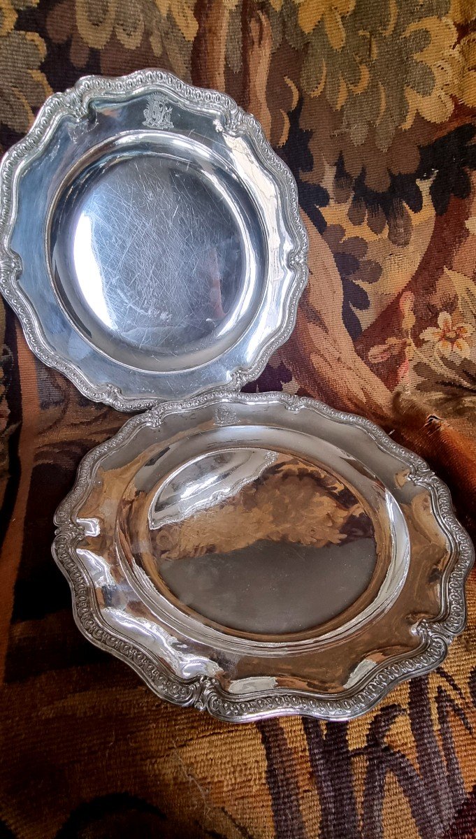 ODIOT A  PARIS - PAIRE DE PLATS EN ARGENT MASSIF POINCON MINERVE  ARMORIÉ  ARMOIRIES XIXe NAPOL-photo-2