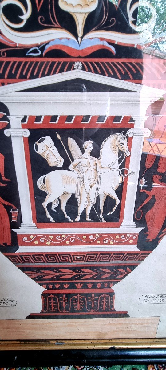 Gouache XIX Etruscan Vase With Rollers Spirit Of Grand Tour Al Antique-photo-6