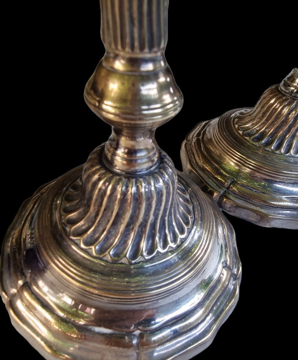 Pair Of Louis XV Period Candlesticks Silver Metal Silver Plated XVIIIth Model Of The King-photo-3