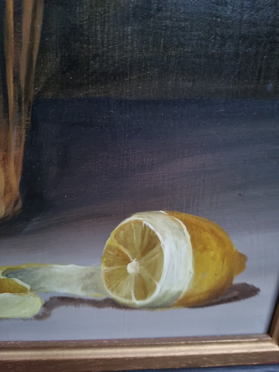 NATURE MORTE AUX CITRONS XXe HUILE SUR PANNEAU-photo-2