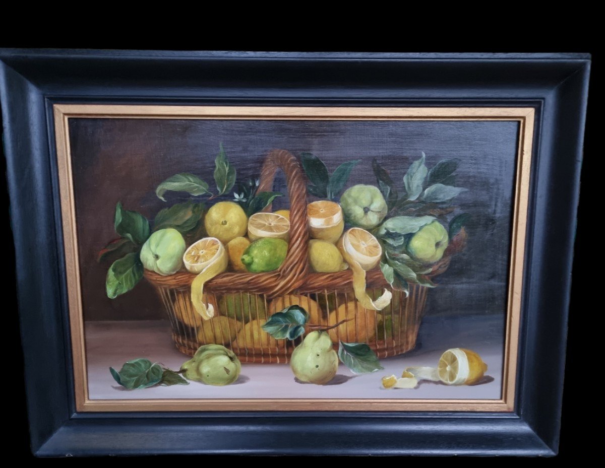 NATURE MORTE AUX CITRONS XXe HUILE SUR PANNEAU