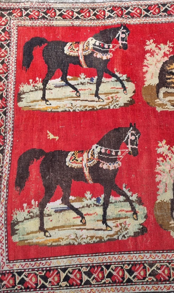 TAPIS  D'ORIENT CAUCASE KARABAGH NOUÉ MAIN VERS 1900 CHEVAUX CHIENS-photo-2