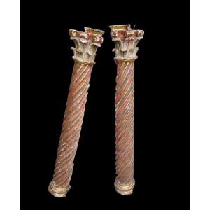 Pair Of Half Columns In Golden Wood Painted Late 18th Early 19th C.