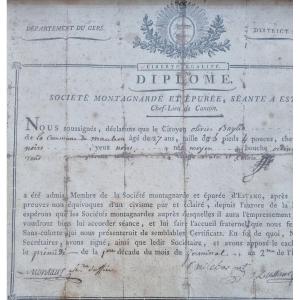 DIPLOME SOCIETE MONTAGNARDE / Révolution Française  / document XVIIIe / 