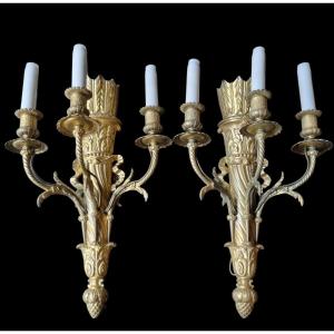 Pair Of Large Gilt Bronze Wall Lights In Louis XVI Style Late 19th C.