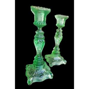 Manufacture De Portieux Pair Of Molded Glass Candlesticks Late 19th C.