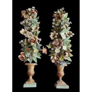 Pair Of Decorative Bouquets In Painted Metal XIXth