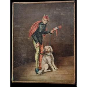 BOUFFON HUILE SUR TOILE XIXe TRIBOULET TABLEAUTIN JOUET FOU DU ROI CHIEN