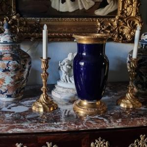 GRAND VASE EN FAIENCE BLEU DE FOUR ET BRONZE CHOISY LE ROI ÉPOQUE NAPOLÉON III  