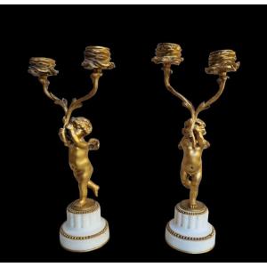 Pair Of Gilt Bronze Candelabra, Louis Style, XVI Napoleon III Period Putti Candle Holders