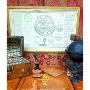 Engraving Representing A Late 18th Armillary Sphere / Terrestrial Globe Cabinet Of Curiosity