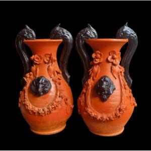 Large Painted Terracotta Vases Late 19th C. Hunting Dogs 