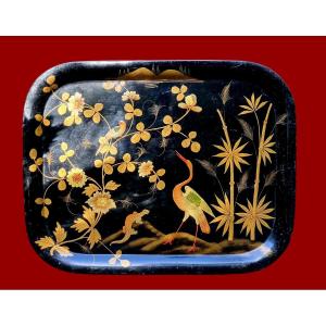 Large Painted Sheet Metal Tray Napoleon III Period Chinese Chinoiserie Decoration 