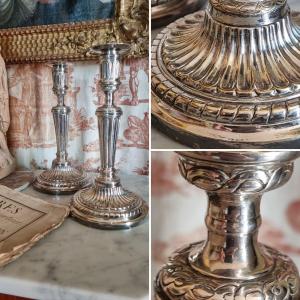 Pair Of Silver-plated Bronze Candlesticks And Flamel Holders, Louis XVI Period, 18th Century Metal 