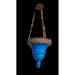 LANTERNE DE VESTIBULE PETIT LUSTRE RN OPALINE BLEUE  ÉPOQUE NAPOLÉON III 