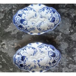 PAIRE DE RAVIERS EN FAÏENCE FINE DE CREIL ET MONTEREAU SERVICE FLORA