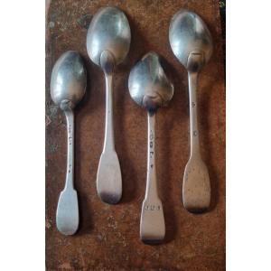 4 Small Solid Silver Spoons, Hallmarked With The Farmers General's Mark, 18th Century, For Coffee