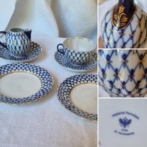 Ensemble bleu cobalt or porcelaine Lomonosov de St-Petersbourg porcelaine impériale russe