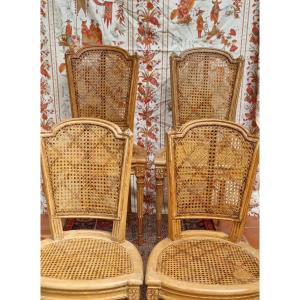 4 Louis XVI Style Chairs Stamped By André Mailfert Caning Patina Set
