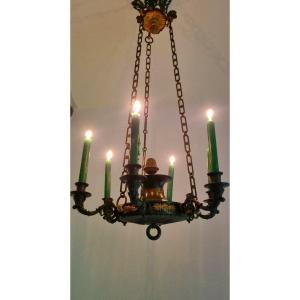 LUSTRE EN BRONZE DORÉ ET PATINÉ EPOQUE EMPIRE CHARLES X DEBUT XIXe SUSPENSION