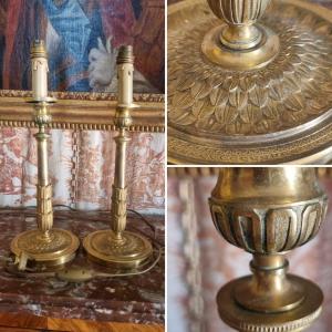 Pair Of Empire-style Candlesticks In Gilded Bronze, Ormoulu Era