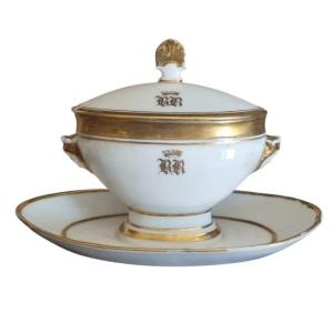 SUCRIER PORCELAINE DE PARIS EMPIRE EMPIRE BLANC ET OR SAUCIERE COURONNE BARON