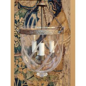 19th-century Hand-blown And Engraved Glass Lantern Pendant Chandelier