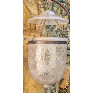 LANTERNE VERRE GRAVE XIXe LUSTRE SUSPENSION DE VESTIBULE