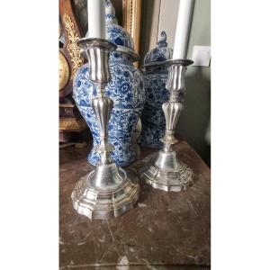 Pair Of Louis XV-era Candlesticks, 18th Century, Silver-plated Metal, Torch-shaped