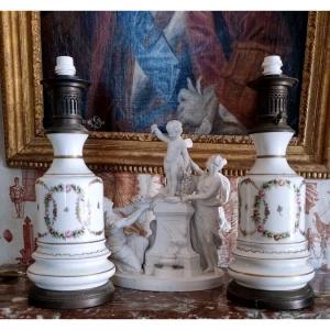 Pair Of Electrified Kerosene Lamps From The Napoleon III Era, Paris Porcelain
