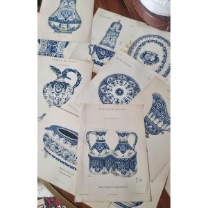 12 GRAVURES ESTAMPES SERIE FAIENCE DE ROUEN XIXe