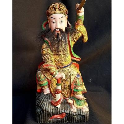 STATUE GUERRIER CHINIOIS BOIS SCULPTE CHINE XIXe