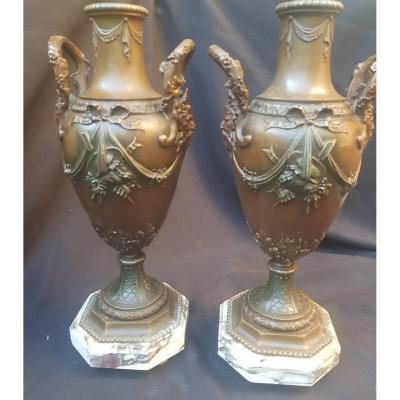 PAIRE DE VASES STYLE LOUIS XVI VERS 1900 RÉGULE AIGUIERES PIEDS DE LAMPES