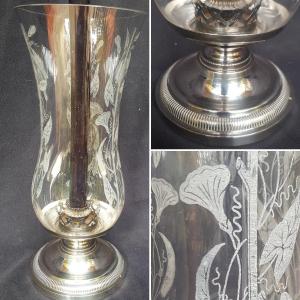 Celiver In Engraved Glass And Silver Metal Centerpiece Circa 1950